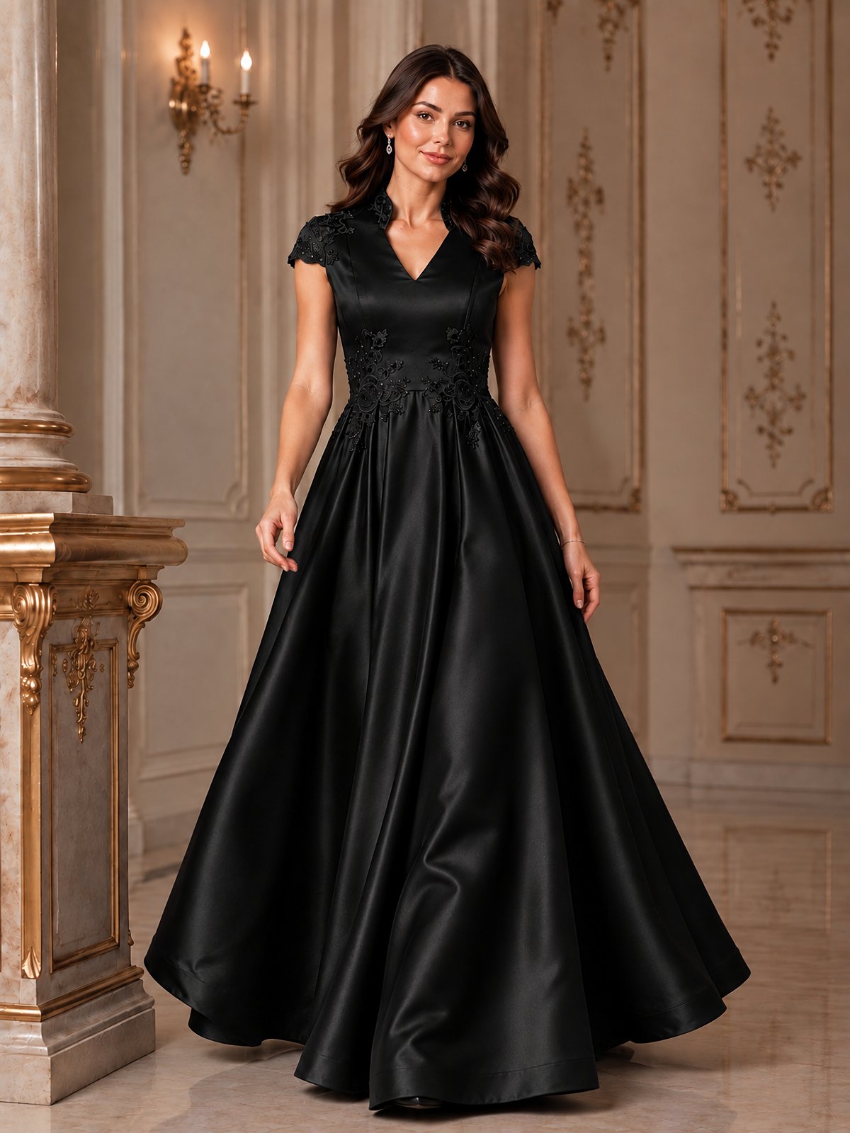 Lace Appliqué A-Line Satin Maxi Dress