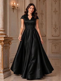 Lace Appliqué A-Line Satin Maxi Dress