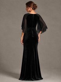 Navy Blue Velvet V Neck Mermaid Formal Dress with Flutter Cape Sleeves