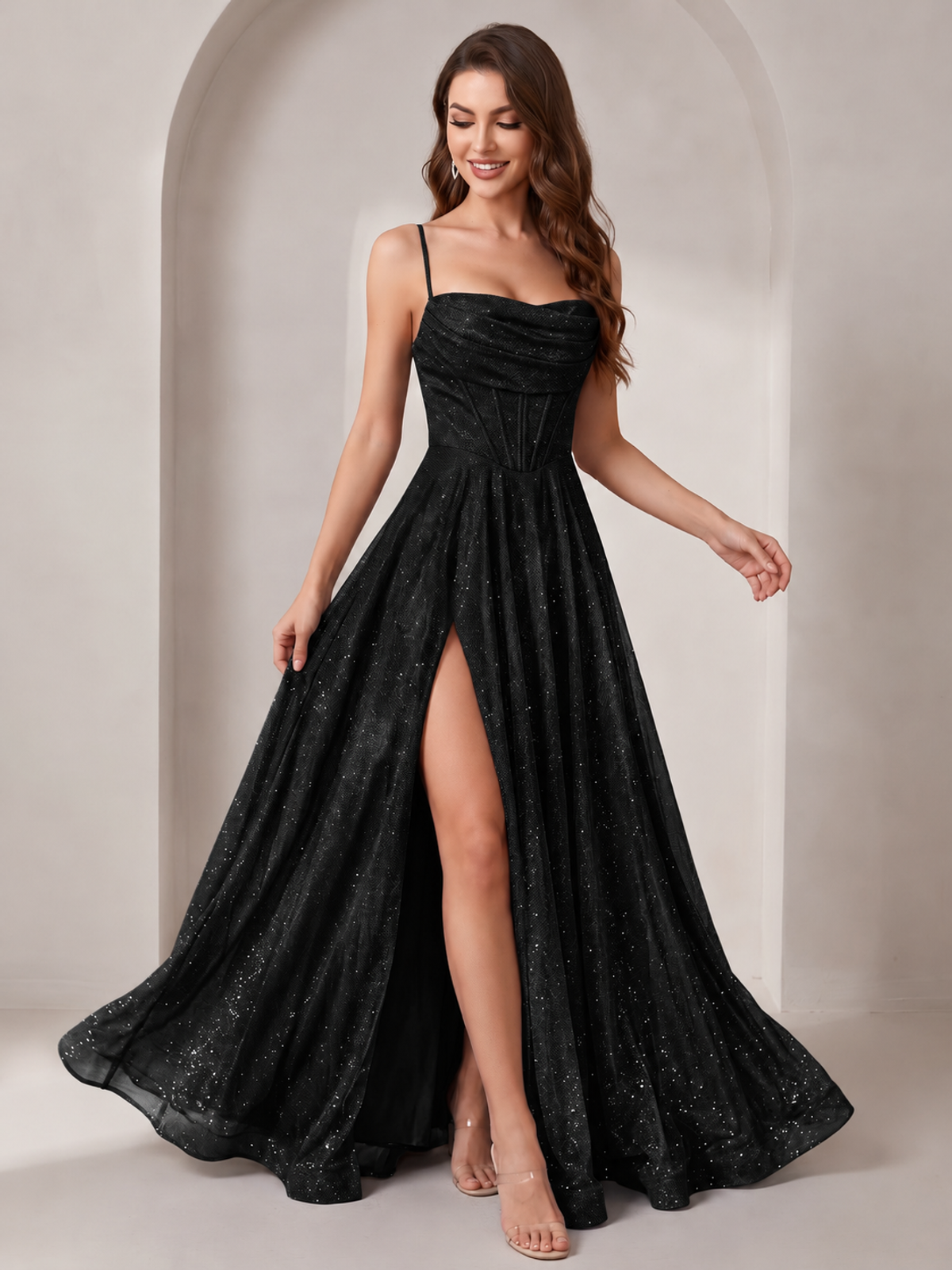 Sparkly Cowl Neck Corset Long Prom Dress with Slit A-line Tulle Ball Gown