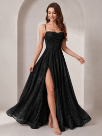 Sparkly Cowl Neck Corset Long Prom Dress with Slit A-line Tulle Ball Gown