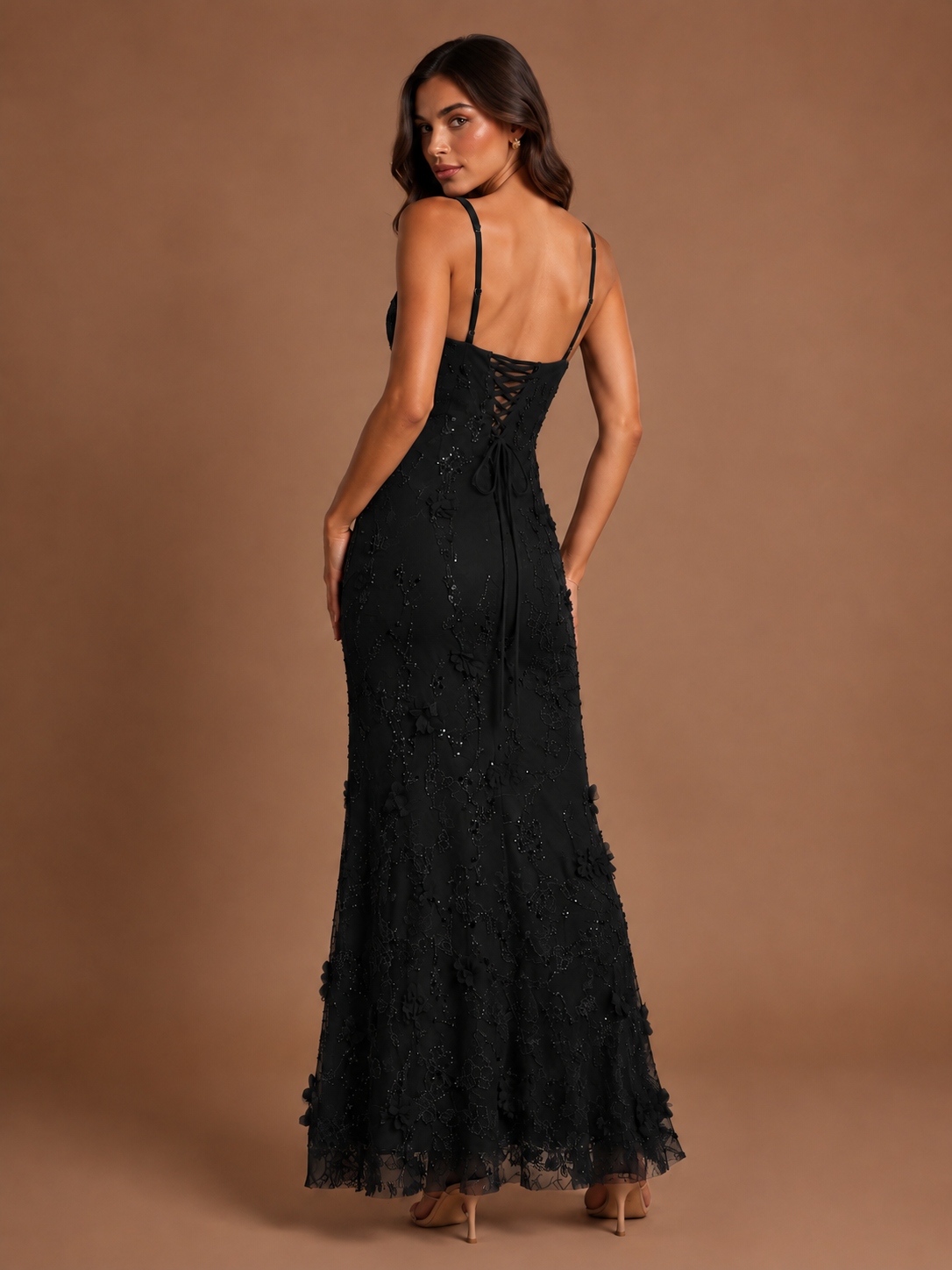 Floral Applique Mermaid Formal Dress with Lace-Up Back