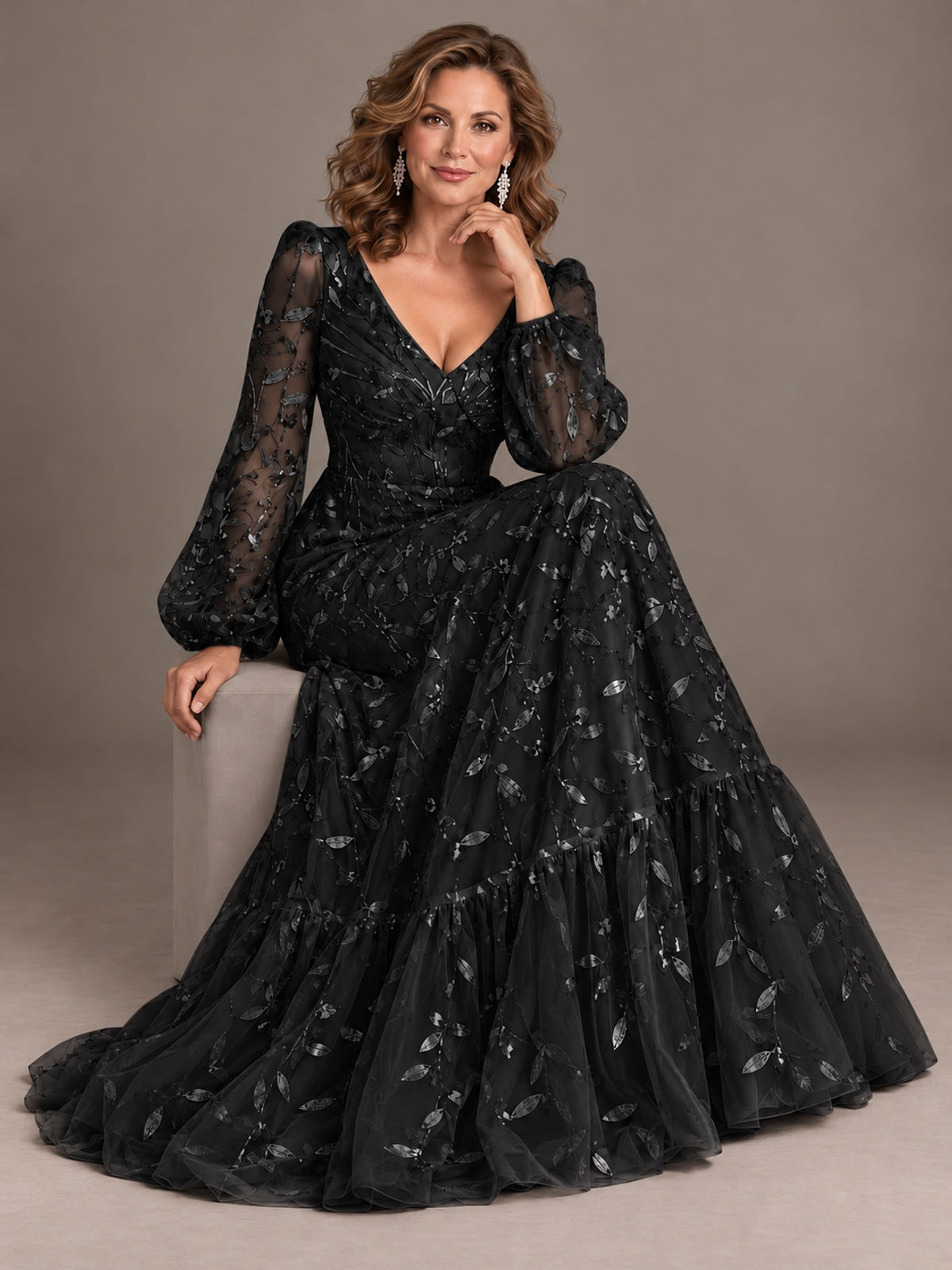 Floral Sequin Embroidered A-Line Mother of the Bride Dress with Long Sleeves