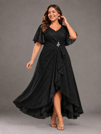 Jacquard Chiffon A-Line V-Neck High-Low Mother of the Bride Dress