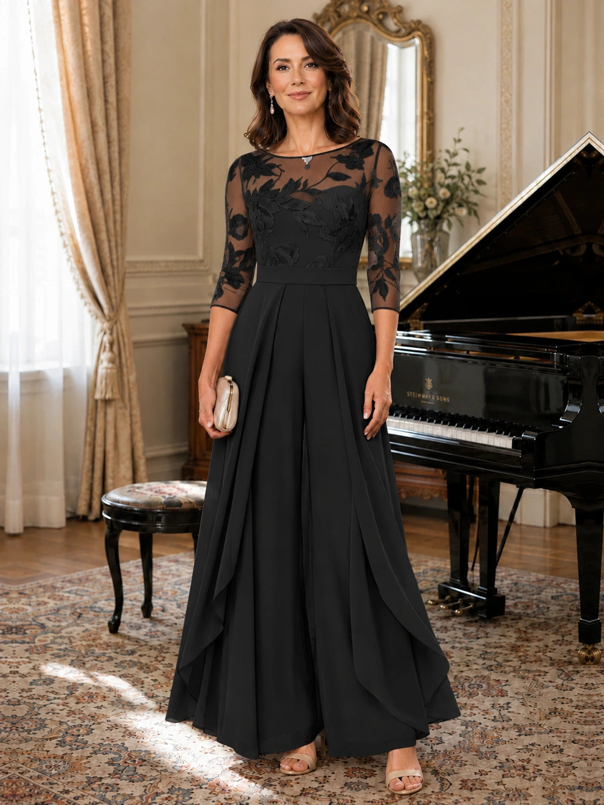 Lace Applique Wide-Leg Chiffon Mother of the Bride Jumpsuit