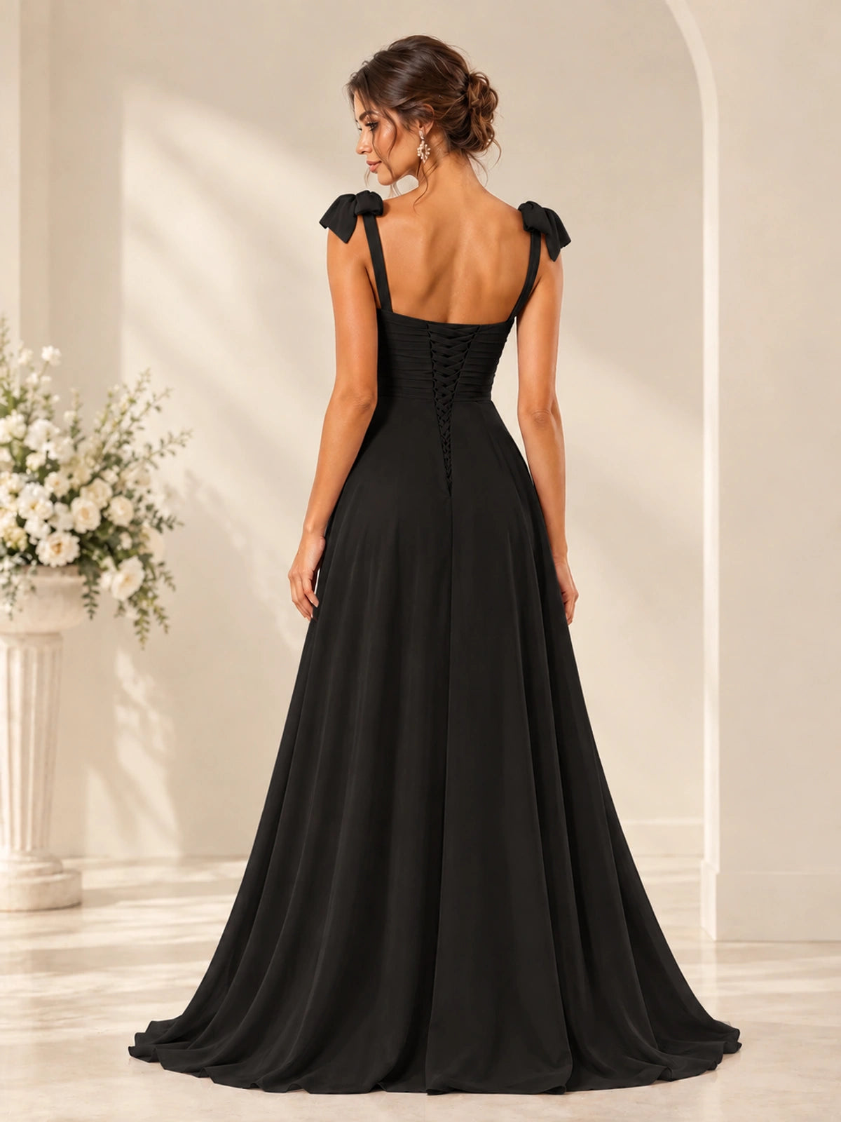 Ruffle Slit Chiffon A Line Scoop Neck Bridesmaid Dresses with Pockets