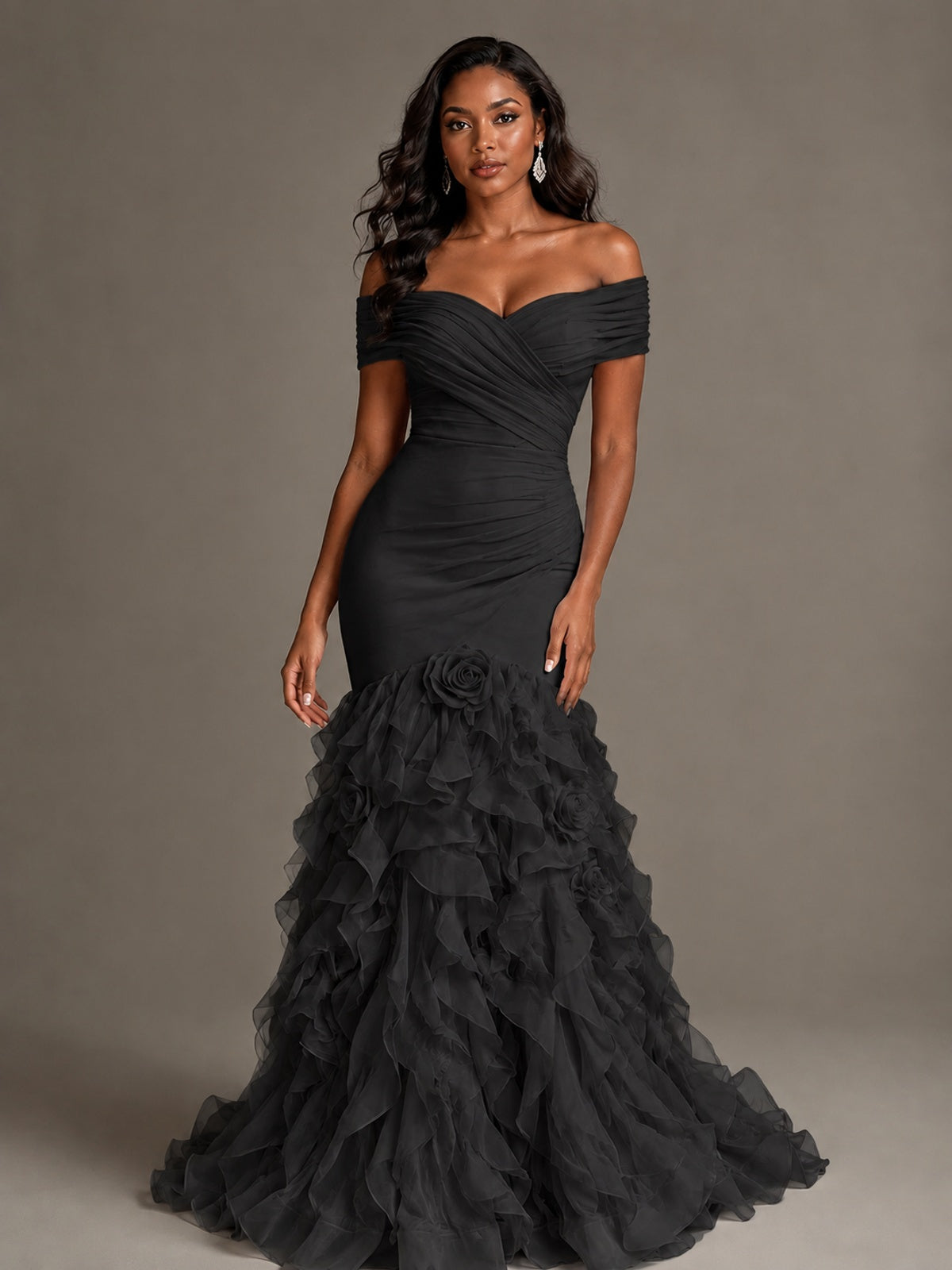 Pink Off-the-Shoulder Mermaid Prom Dress with Ruffles 3D Flowers