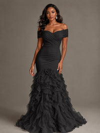 Pink Off-the-Shoulder Mermaid Prom Dress with Ruffles 3D Flowers