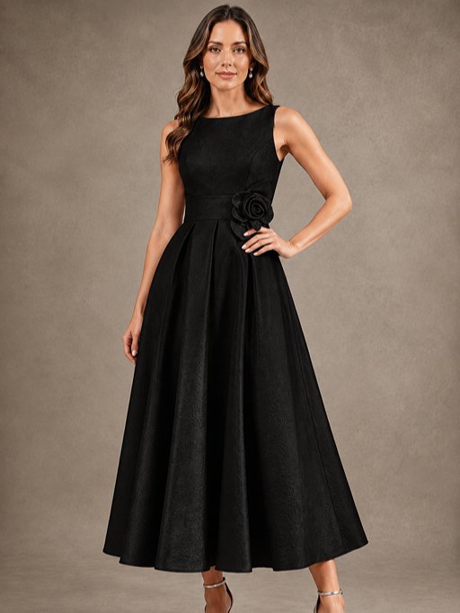 Tea-Length Satin Mother of the Bride Dress with 3D Flower Detail