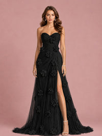 3D Floral Applique Strapless Tulle Prom Dress with High Slit