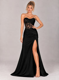 Strapless Satin Prom Dress with Sheer Lace Corset & High Slit