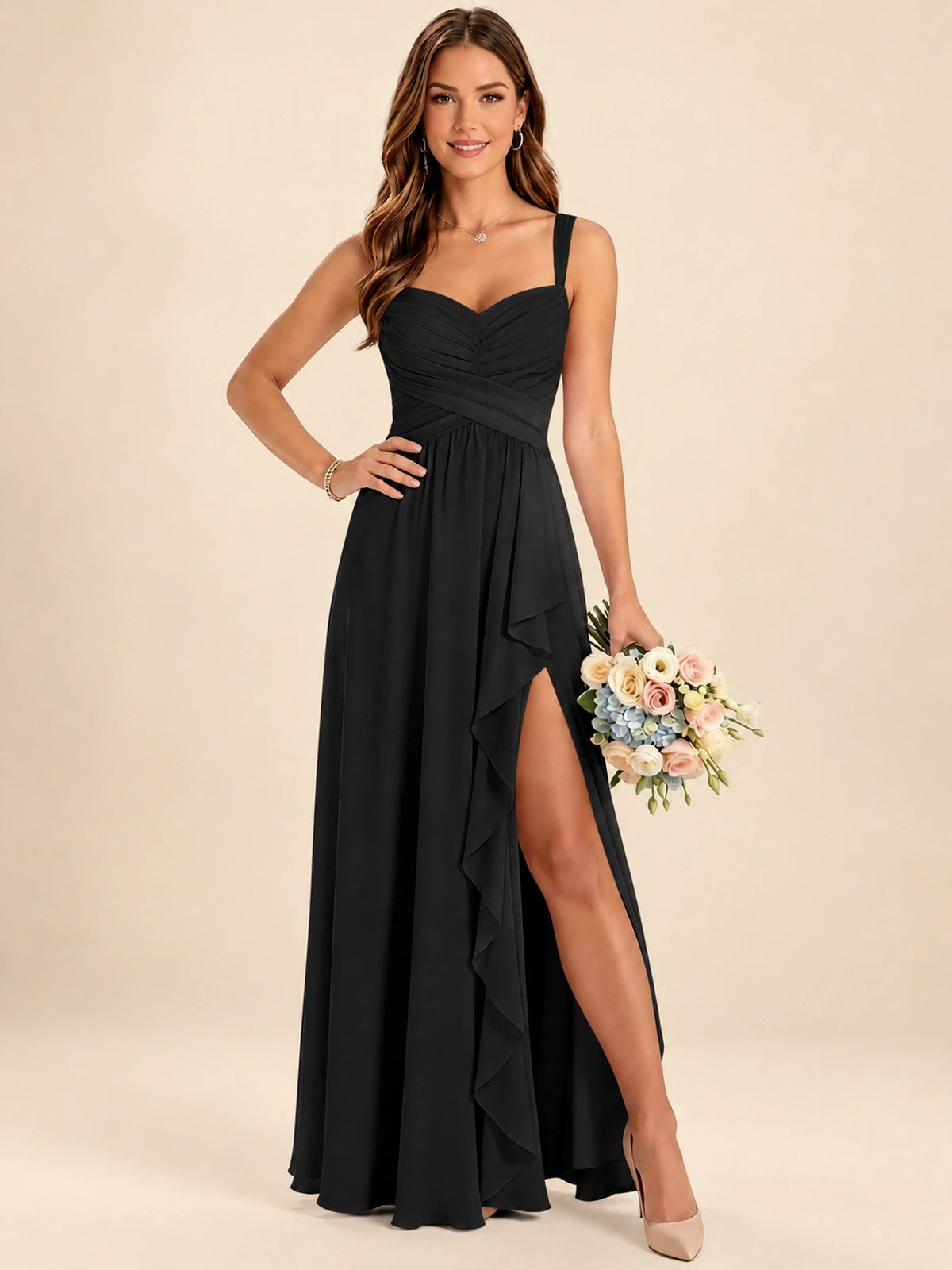 Spaghetti Straps Pleated Chiffon Bridesmaid Dress with Ruffle Slit