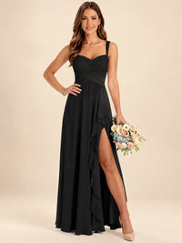 Spaghetti Straps Pleated Chiffon Bridesmaid Dress with Ruffle Slit
