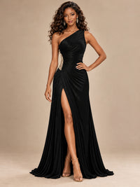 Burgundy One Shoulder Ruched Prom Dress with High Slit & Beaded Waist