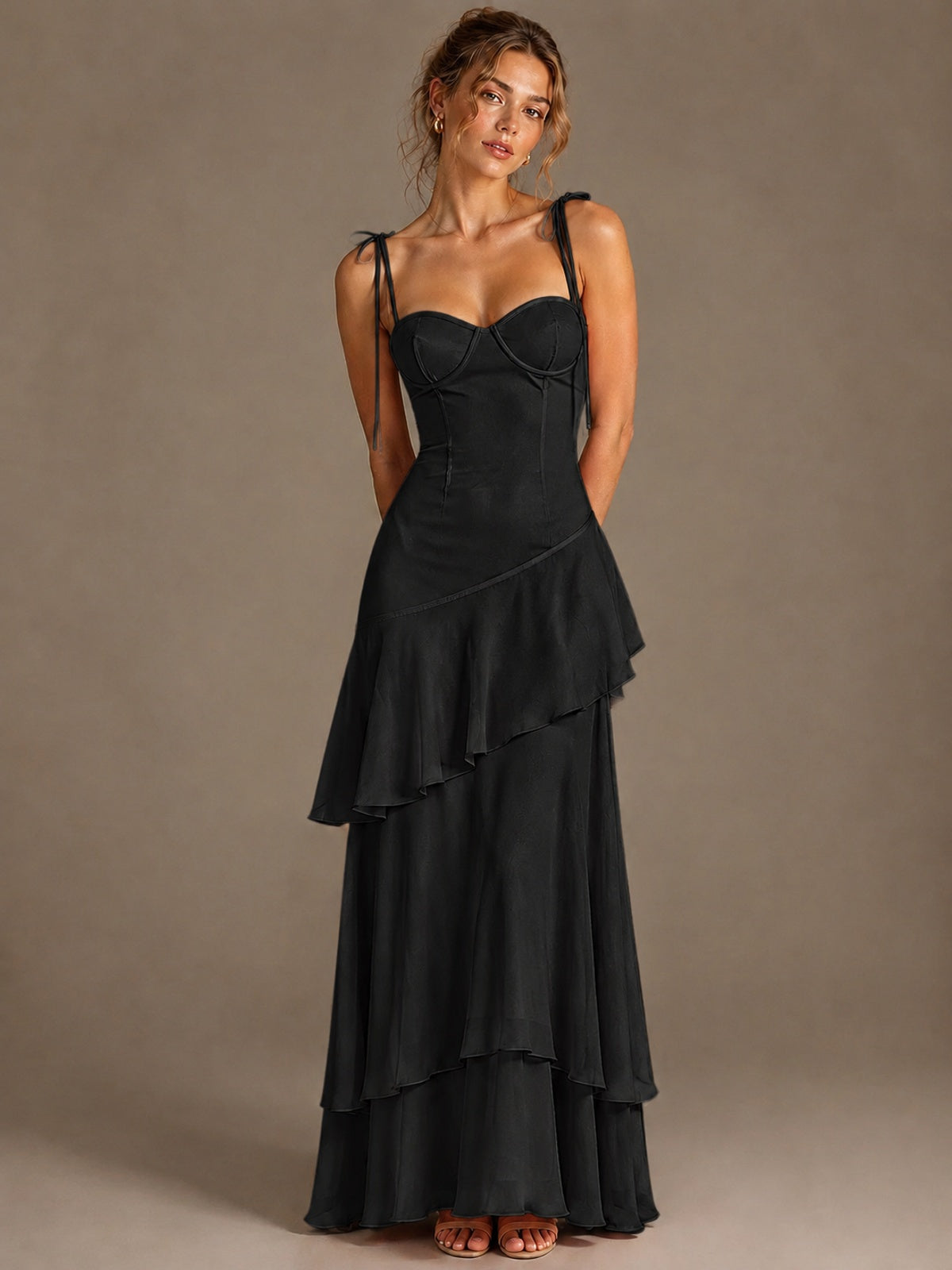 Spaghetti Strap Tiered Ruffles Chiffon Prom Dress