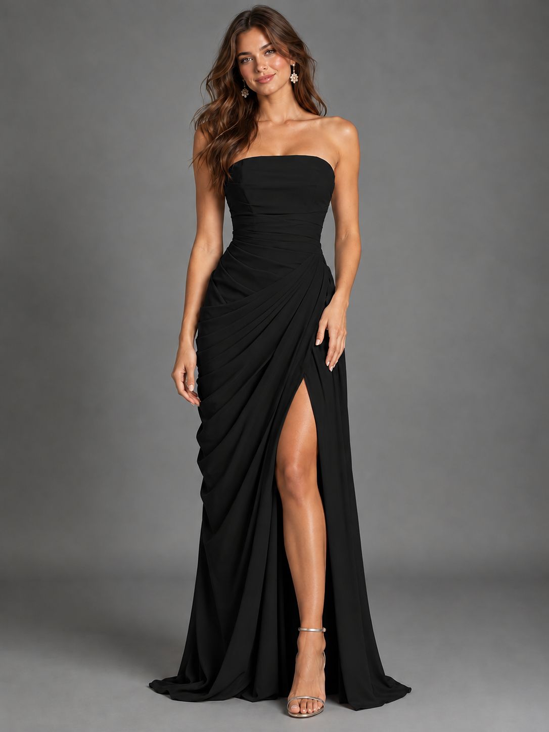 Strapless Bodycon Pleated Chiffon Formal Dress with Slit