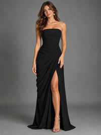 Strapless Bodycon Pleated Chiffon Formal Dress with Slit