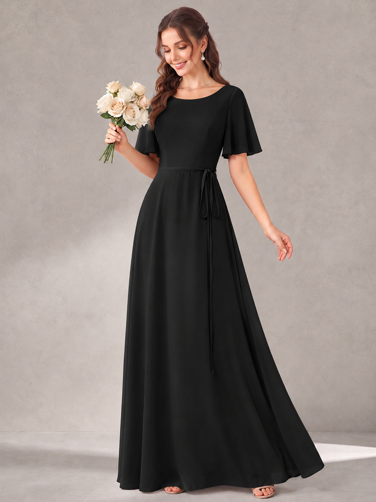 Scoop Neck A-line Chiffon Bridesmaid Dress with Flutter Sleeve & Belt