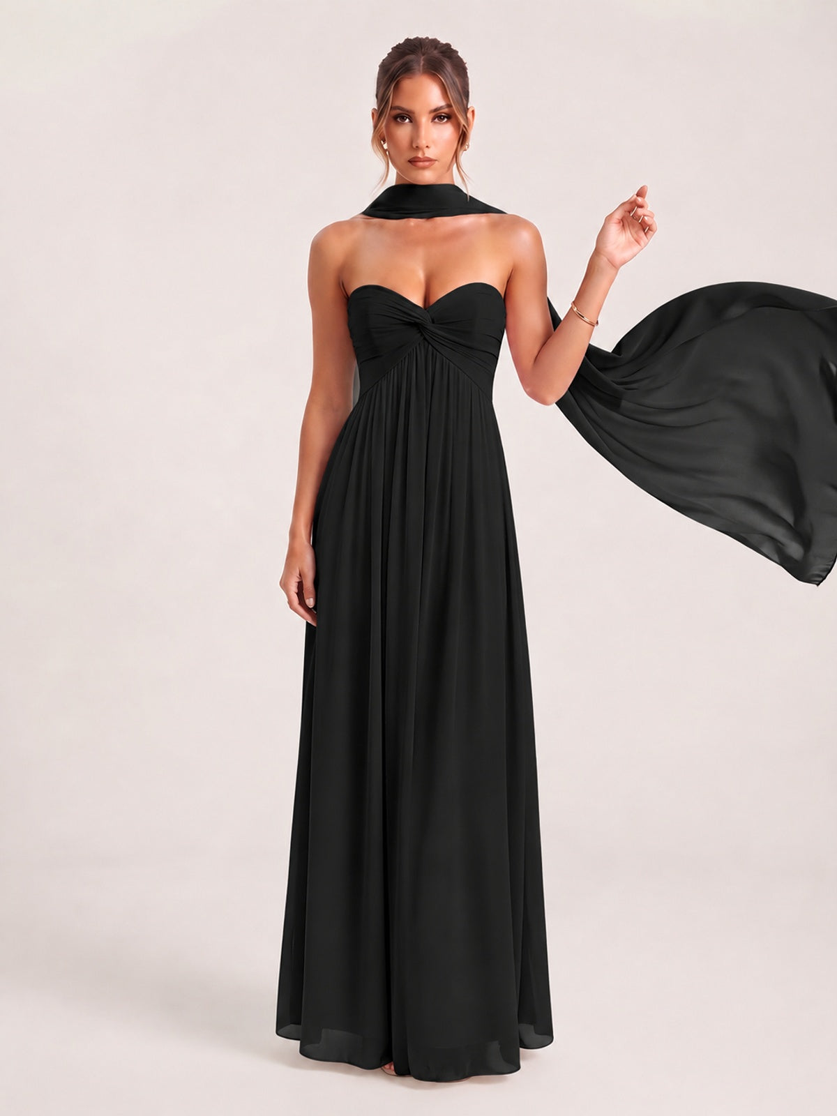 Strapless Ruched Chiffon Long Prom Dress with Scarf