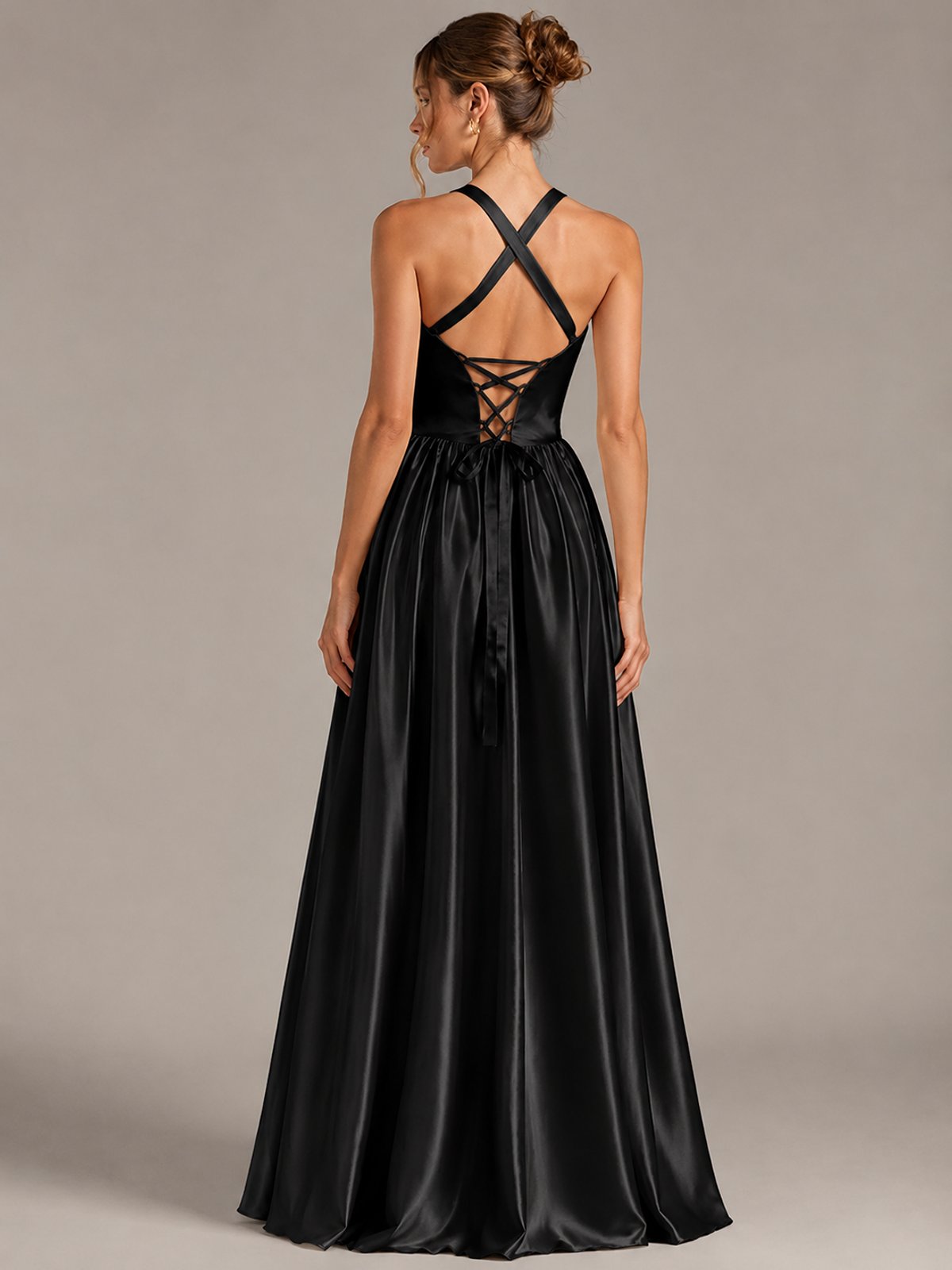 Light Yellow Halter Neck Satin A-Line Maxi Dress with Pockets