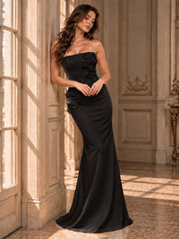 White Strapless Mermaid Maxi Dress with 3D Floral Appliques