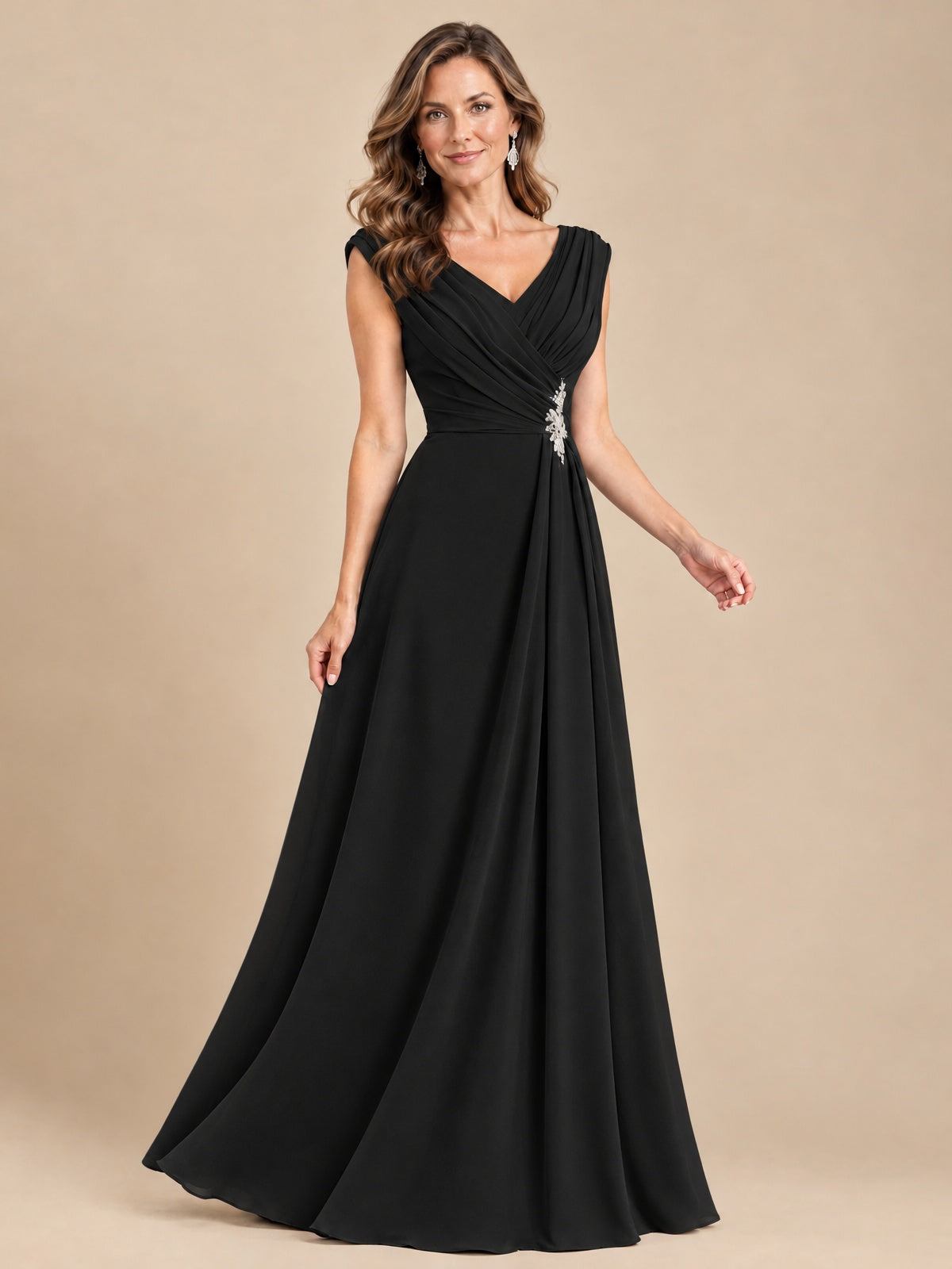 V Neck Pleated Mother of The Bride Dresses with Beading Cap Sleeves