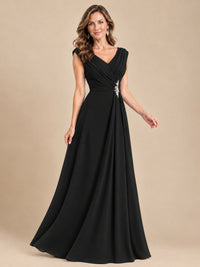 V Neck Pleated Mother of The Bride Dresses with Beading Cap Sleeves