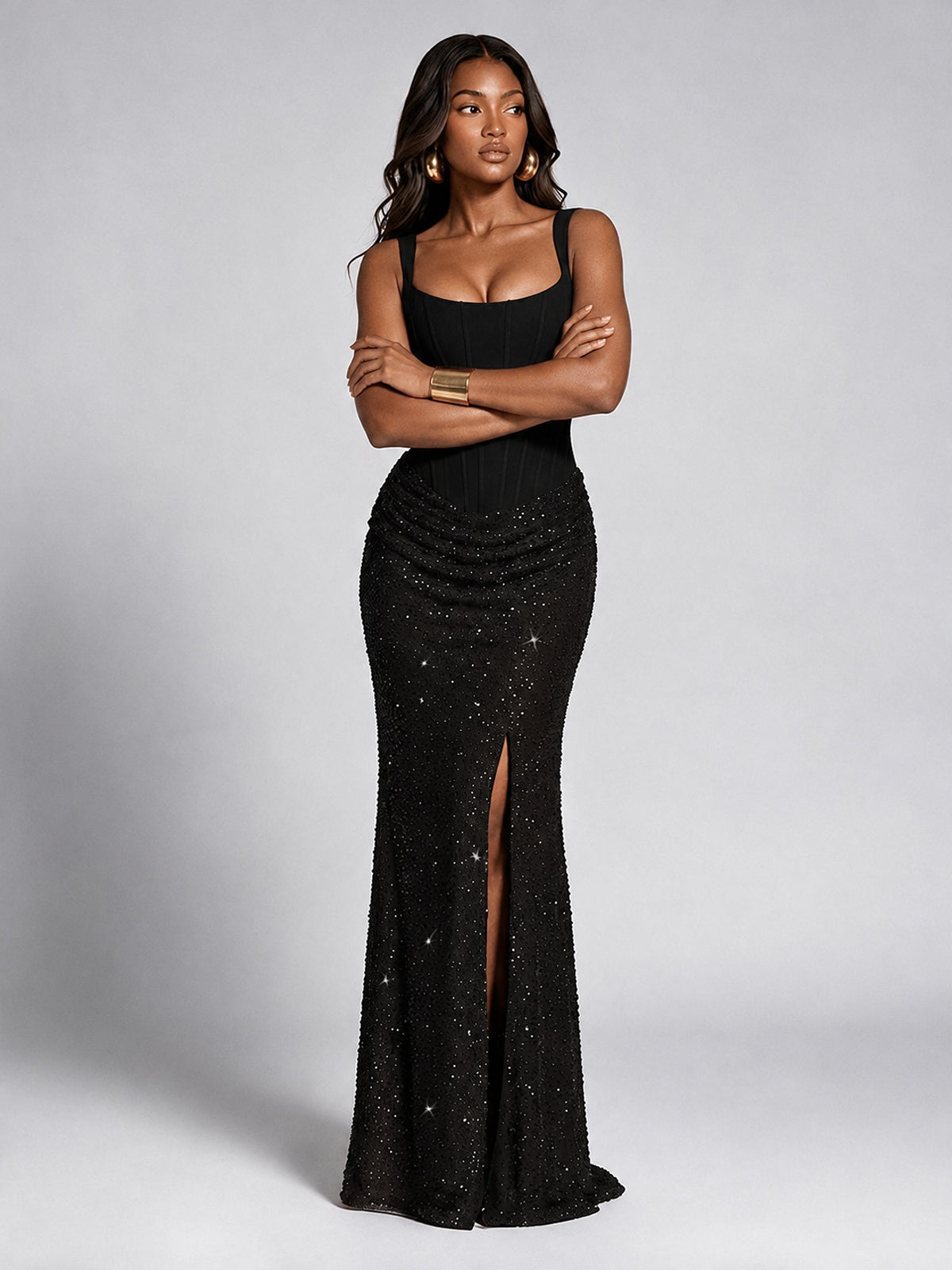 Sequin Corset Mermaid Prom Dress with Square Neck Wide Strap High Slit