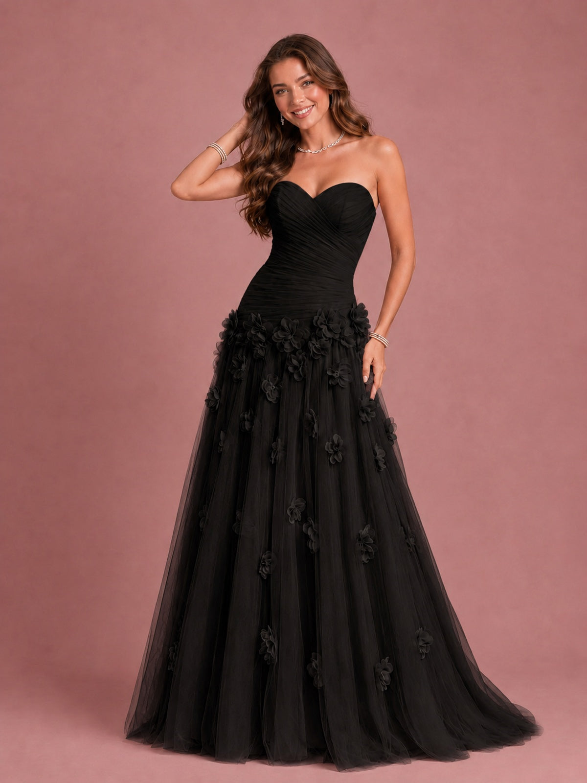 Blush Pink Strapless Sweetheart 3D Floral Tulle Ball Gown Prom Dres