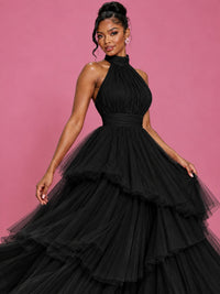 Hot Pink Tulle Halter Neck Tiered Ruffle Maxi Dress