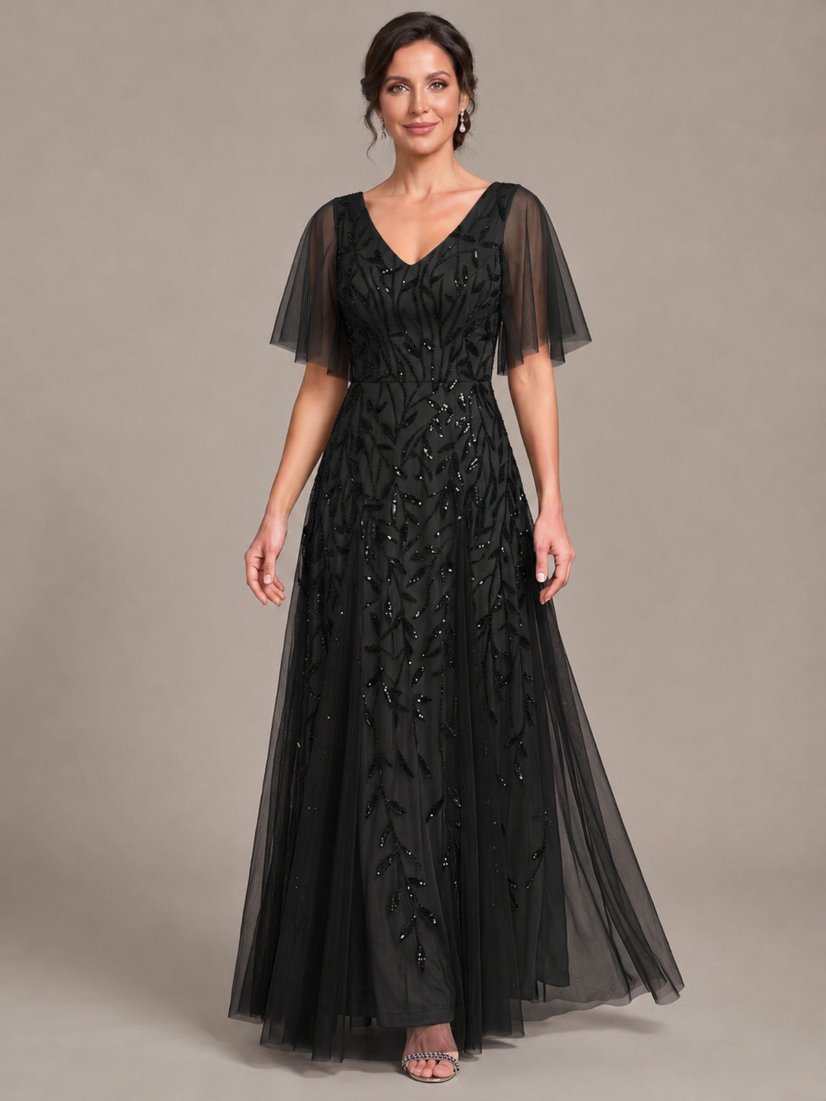 V-Neck Sequin Tulle Mother of the Bride Dress with Flutter Sleeve