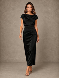 Cowl Neck Satin Mother of the Bride Dress with Ruched Waist
