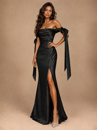 Off The Shuolder Satin Prom Dress Slit Mermaid Formal Gowns
