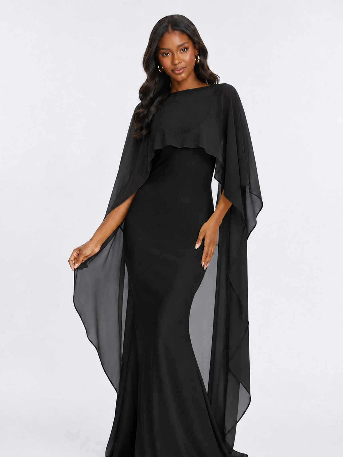 Satin Cape Prom Dresses Meramid Maxi Dress