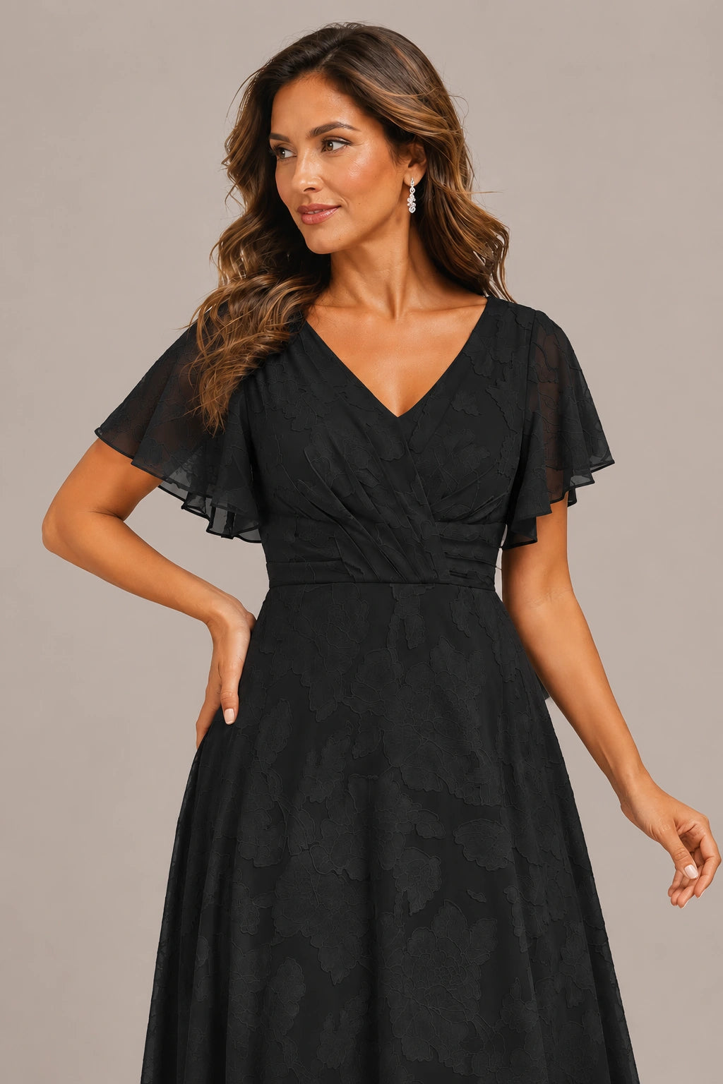 Jovellee Floral Chiffon A-Line Mother of the Bride Dress with Flutter Sleeves