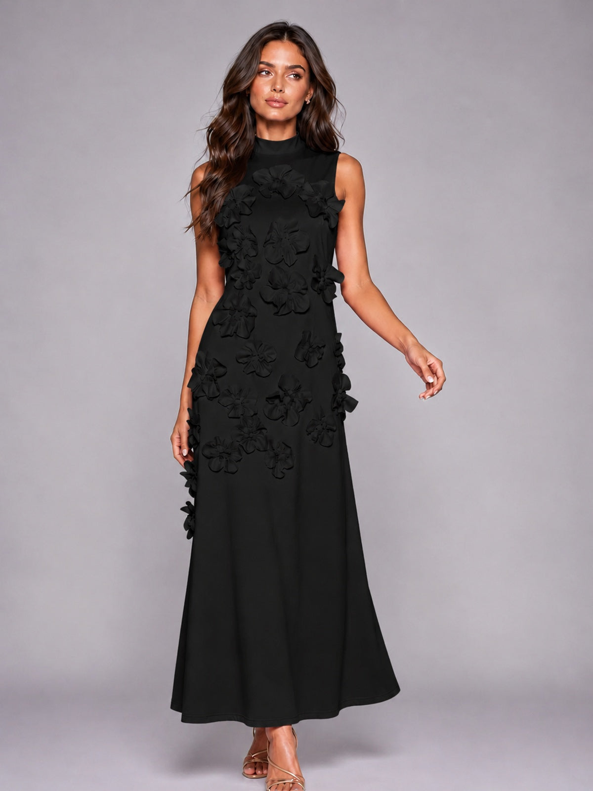 3D Floral Applique High Neck Prom Maxi Dress