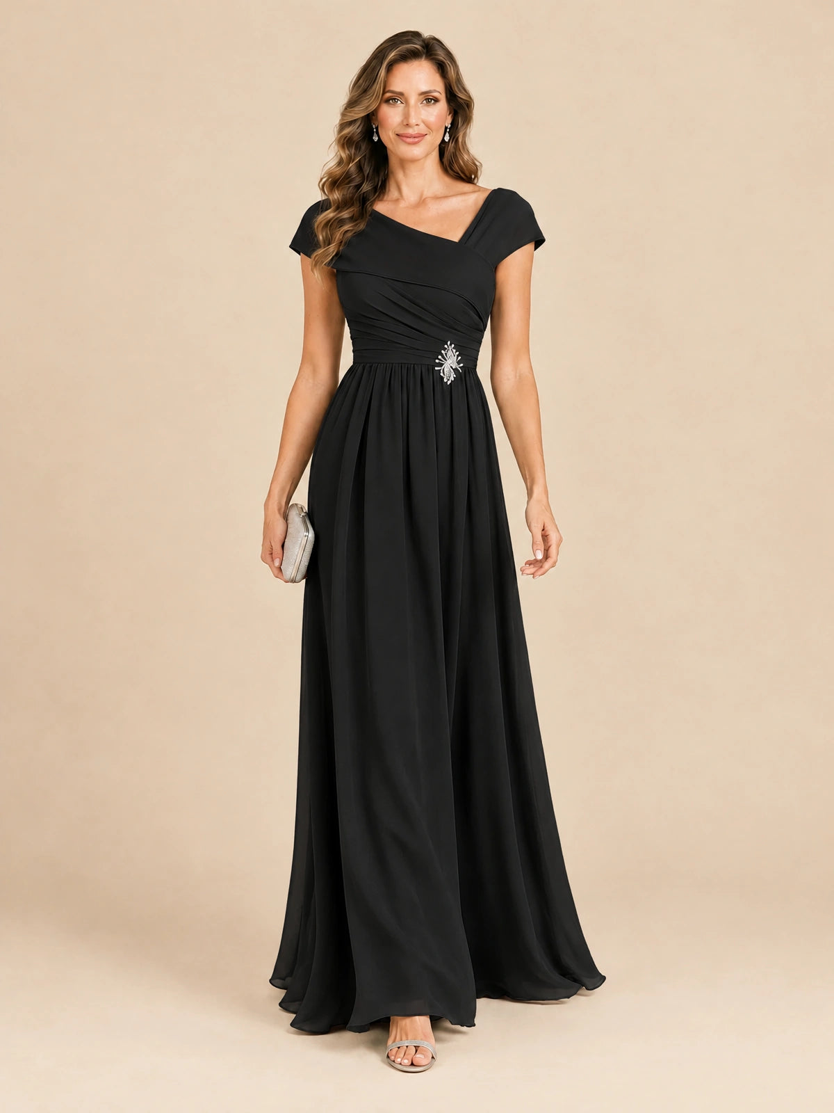 Cap Sleeve Mother of The Bride Dresses Long Chiffon Formal Gowns