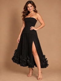 Navy Blue Strapless Pleated A-Line Midi Dress with 3D Floral Applique