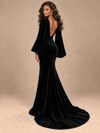 Burgundy Velvet Deep V-Neck Ruched Long Sleeve Maxi Dress