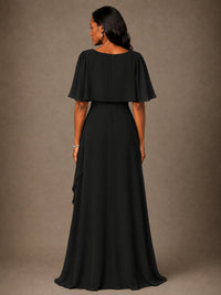 Taupe Chiffon A-Line Mother of the Bride Dress with Cape Sleeves