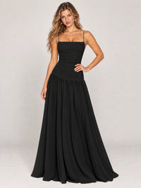 Butter Yellow Ruched Spaghetti Strap Drop-Waist Prom Dress