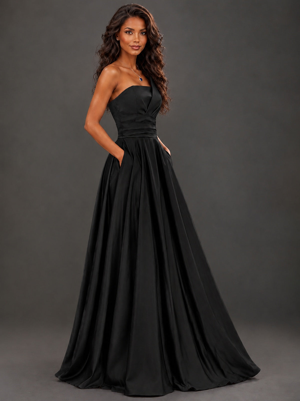 Draped Satin Prom Dress Strapless A-line Formal Dress Floor Length