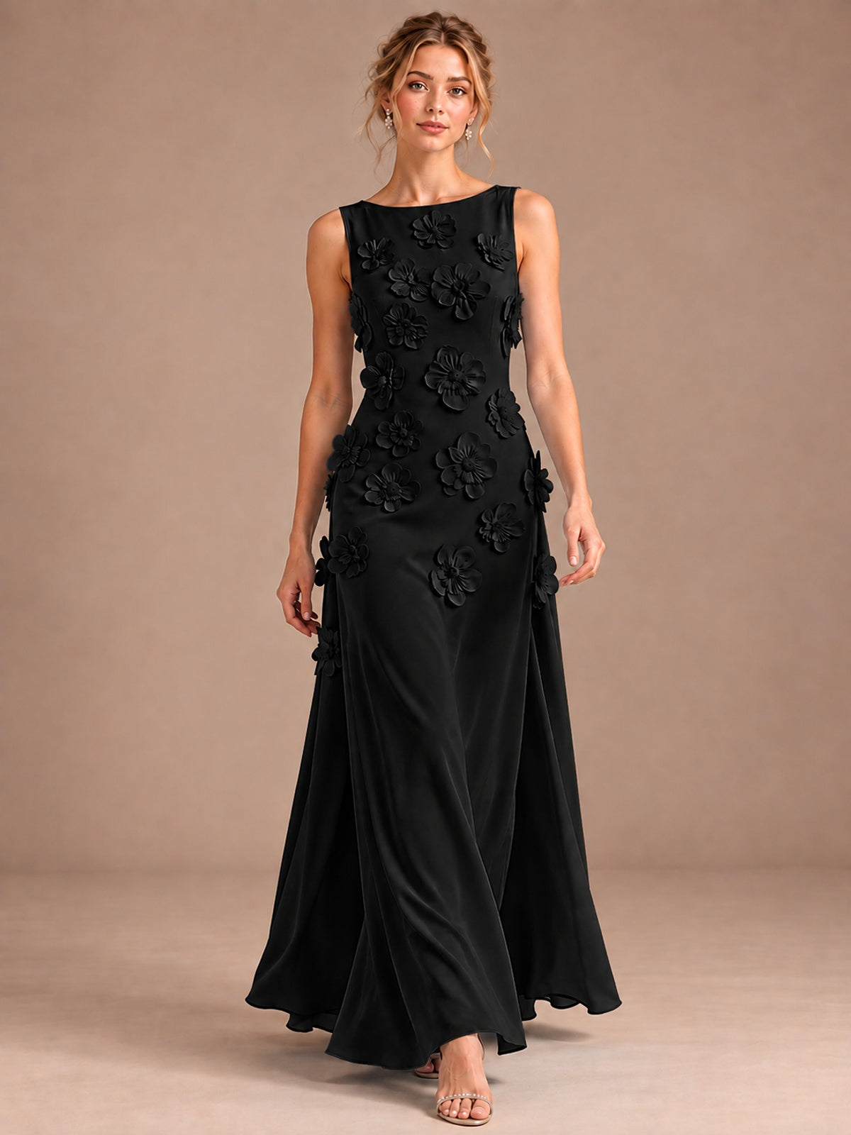 3D Floral Applique Sleeveless Formal Maxi Dress