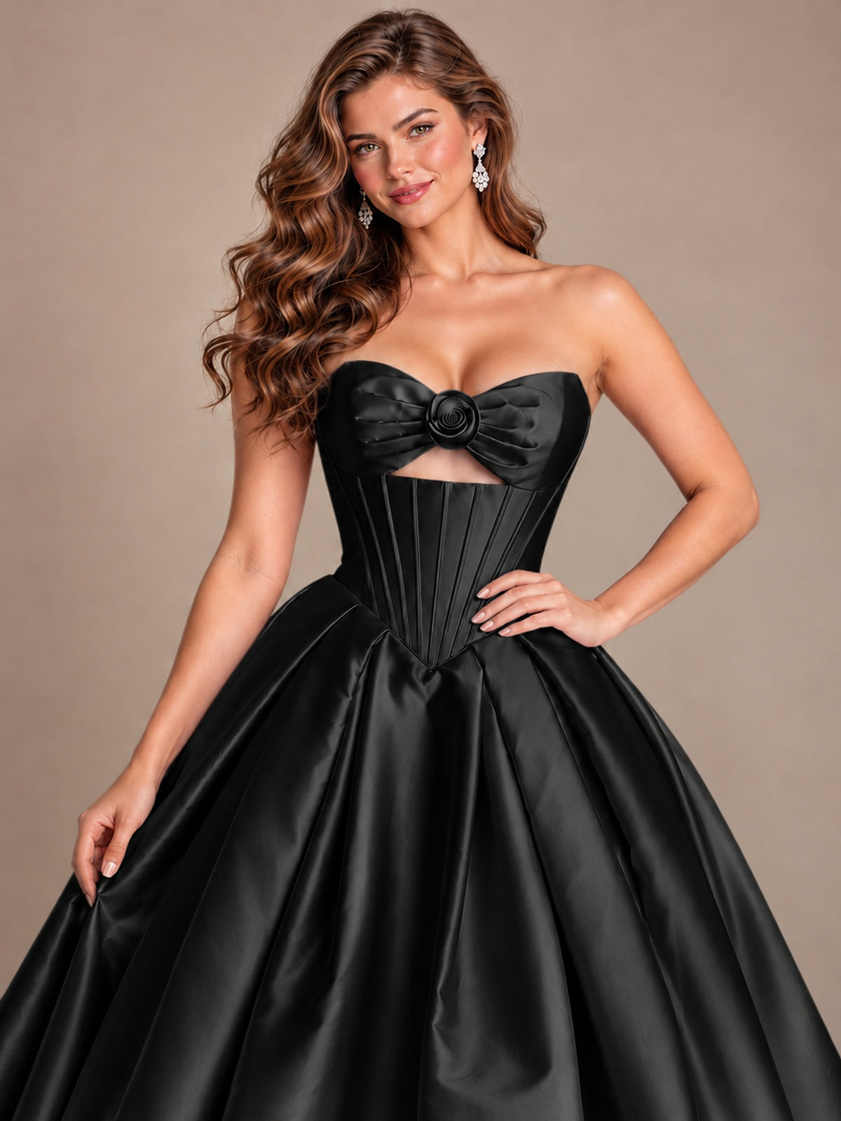 Pink Strapless Corset Satin Prom Derss & Ball Gown with 3D Floral