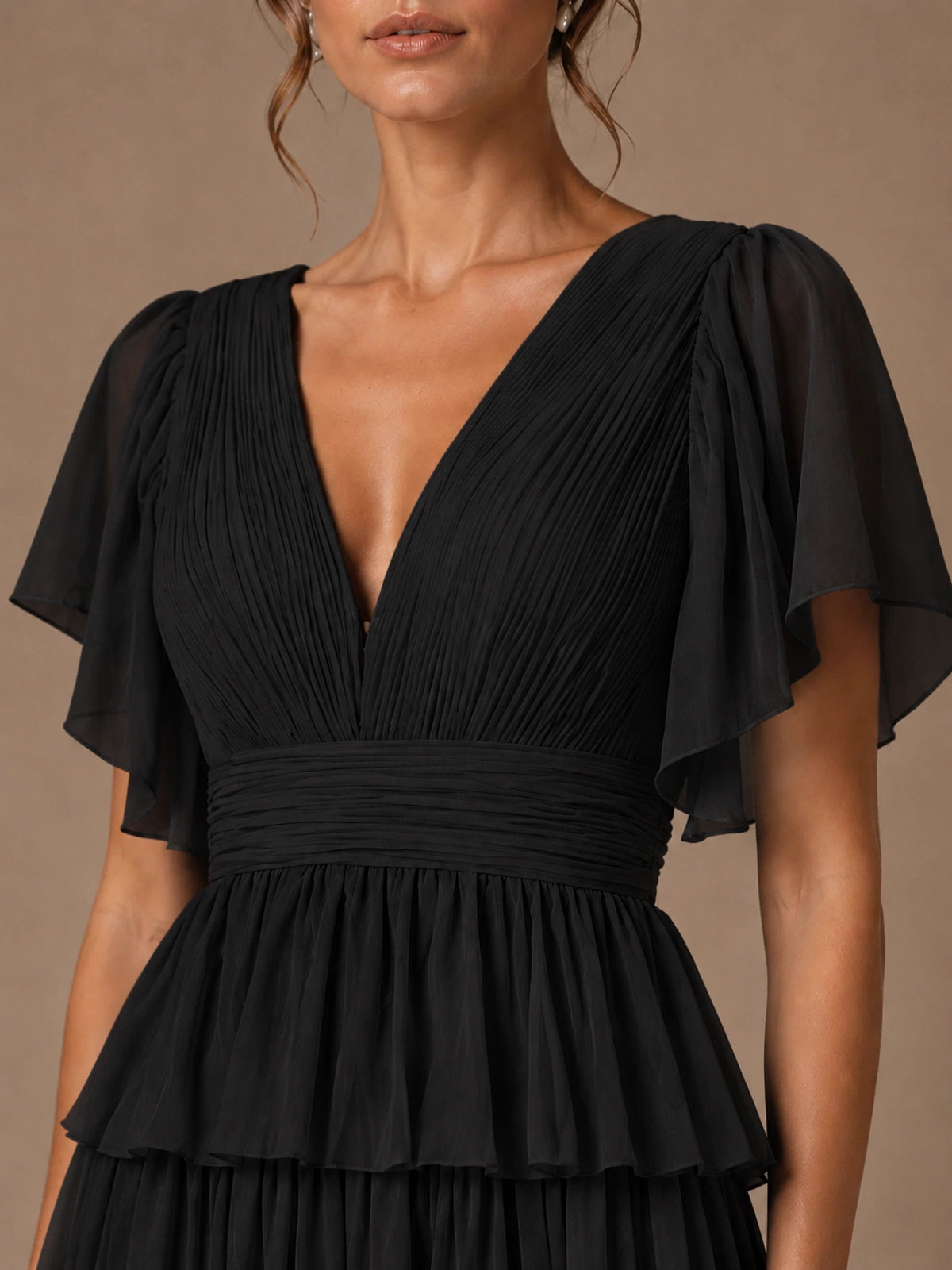 Chiffon V-Neck Tiered Ruffle Bridesmaid Dress with Slit