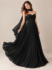 Sweetheart Neckline Pleated Prom Dress Strapless A-line Formal Dress with Flowy Scarf