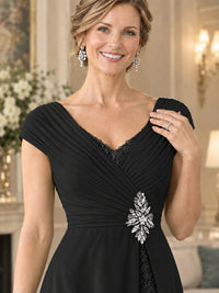 Pleated Chiffon Lace Mother of The Bride Dresses with Beading Cap Sleeves