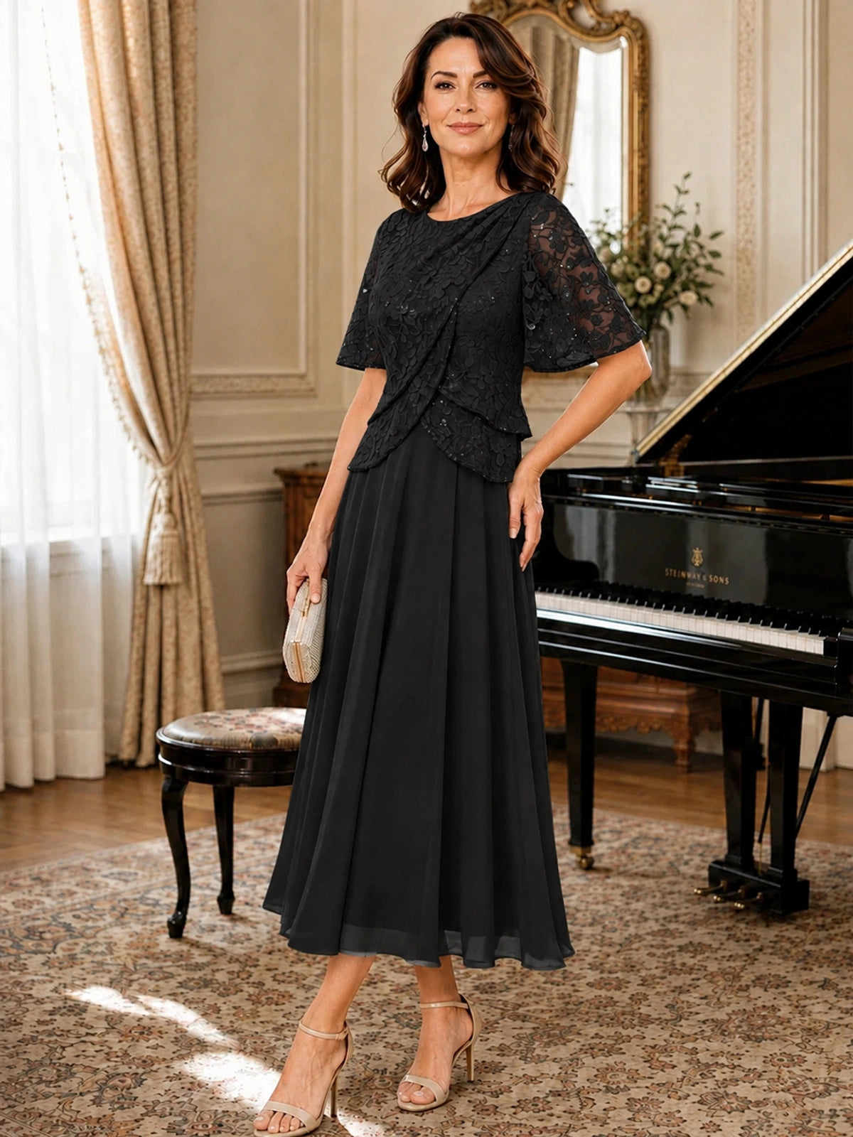 Tea-Length Chiffon Mother of the Bride Dress with Sequin Lace Sleeves