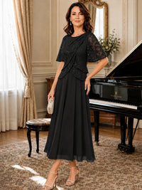 Tea-Length Chiffon Mother of the Bride Dress with Sequin Lace Sleeves