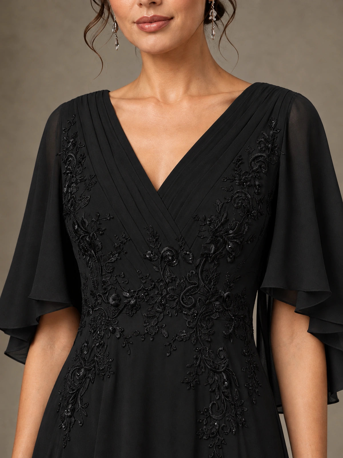 V-Neck Chiffon Lace Mother of the Bride Dress with Flutter Sleeves